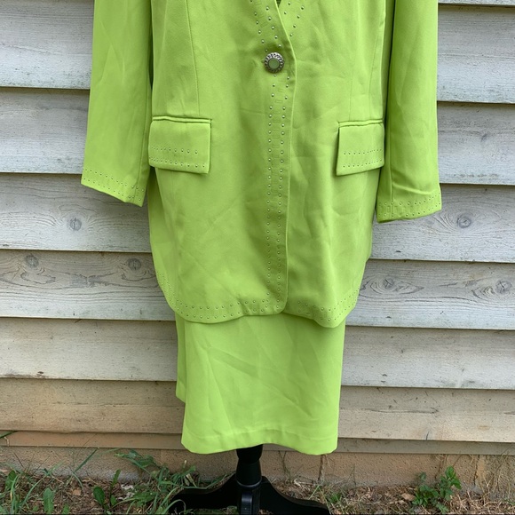Vintage 80s Neon Lime Green Embellished Bejeweled 2 Piece Coordinated Skirt Set - Picture 9 of 16